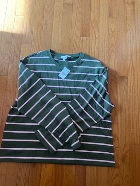 J. Crew Green and Light Pink Striped Long-Sleeve Top